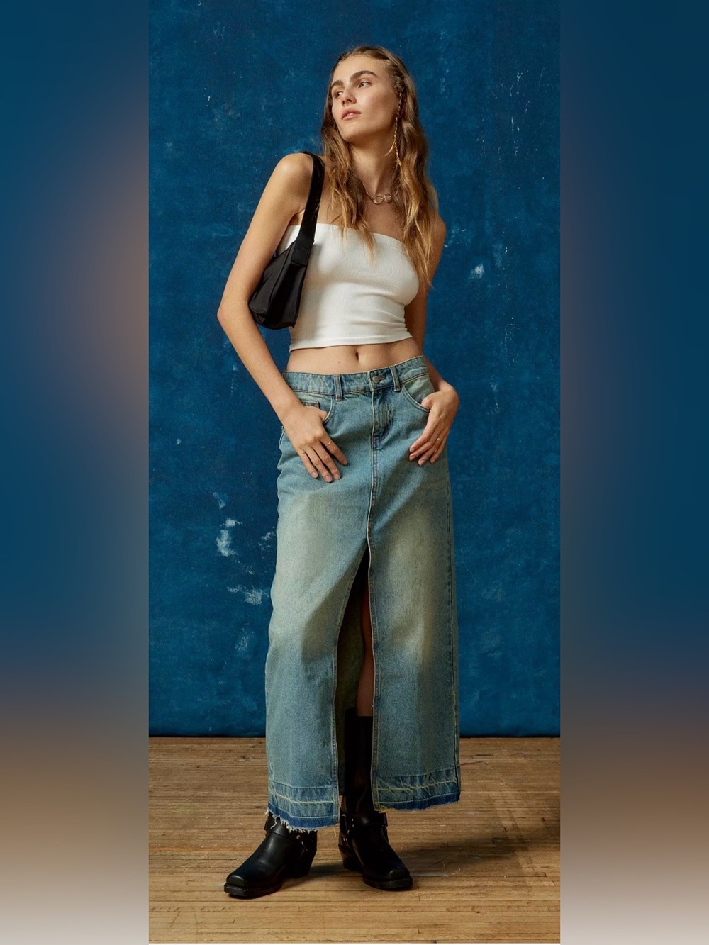BDG Light Wash Denim Maxi Skirt with Front Slit